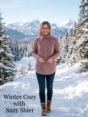 Suzy Shier Mauve Pink Cable Knit Turtleneck Sweater